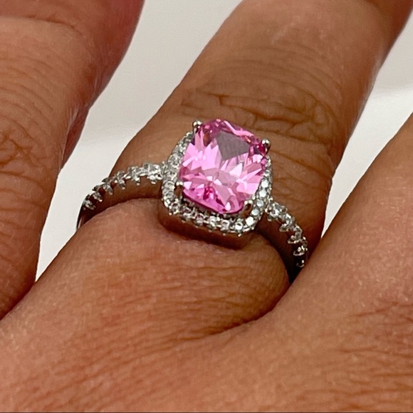 PLATINUM PLATED SS 925 2CT ROUND CUT PINK SAPPHIRE W/CZ DIAMONDS RING - Picture 6 of 6